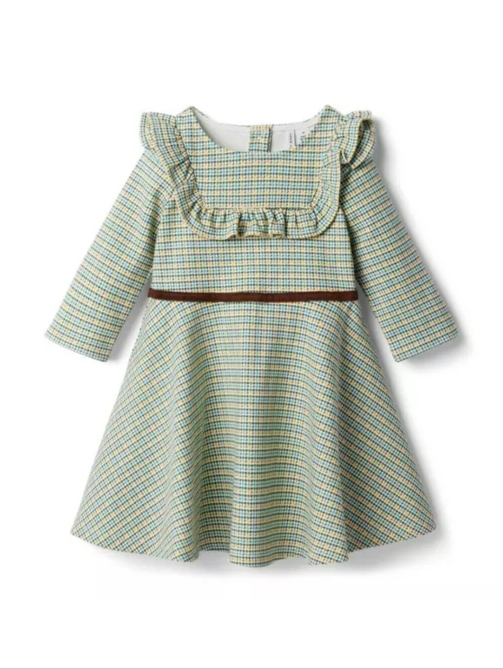 Girls Ruffle Collar Plaid Dress with Brown Waist Trim